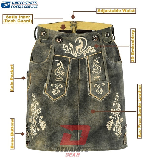 German Bavarian Traditional Lederhosen Hand Crafted Women Green Fade Antique Skirt