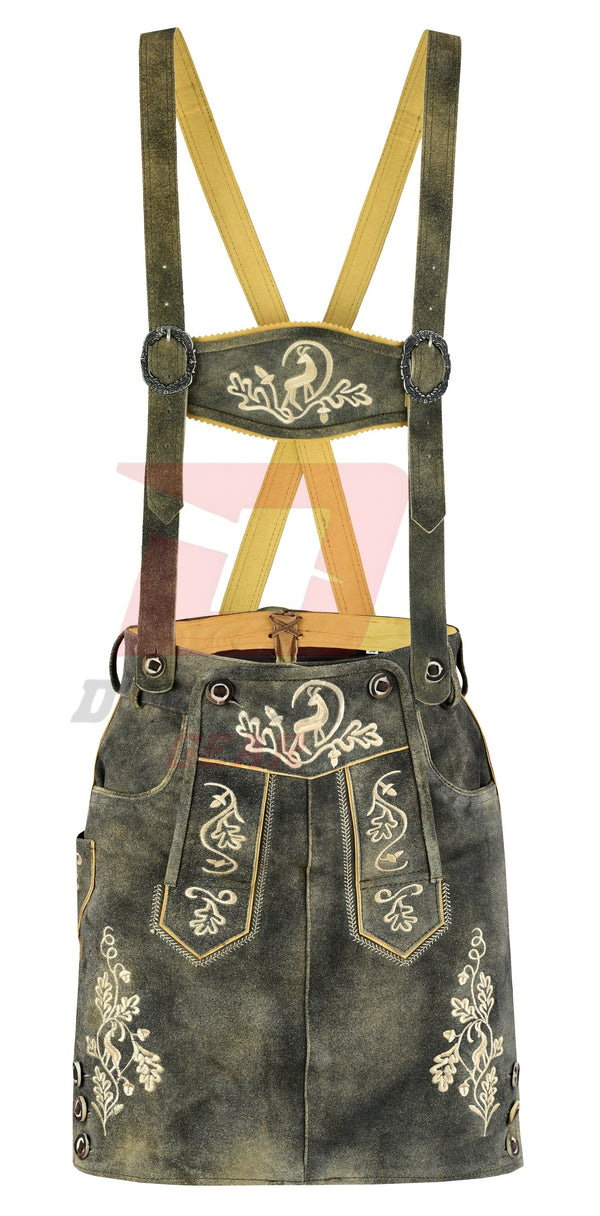 German Bavarian Traditional Lederhosen Hand Crafted Women Green Fade Antique Skirt