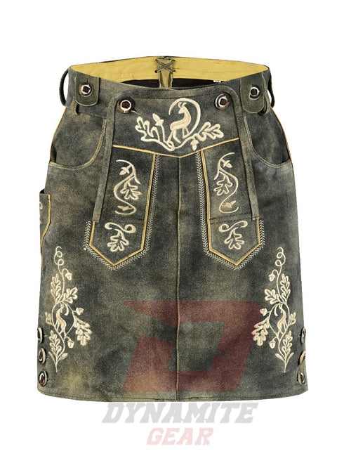German Bavarian Traditional Lederhosen Hand Crafted Women Green Fade Antique Skirt