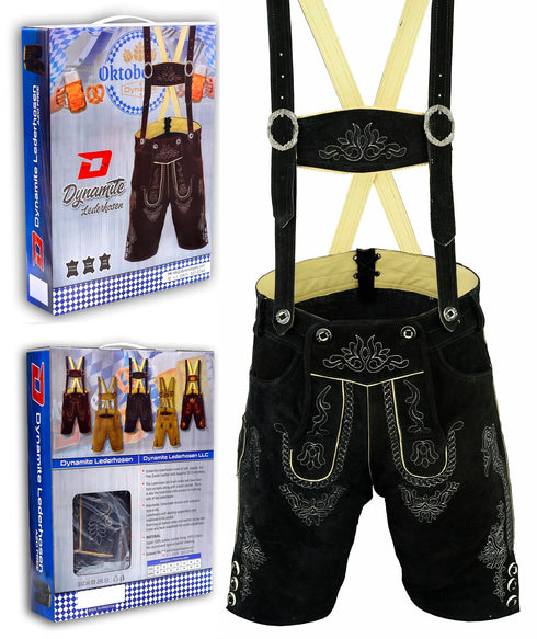 German Bavarian Lederhosen Trachten Black Leather Men Shorts