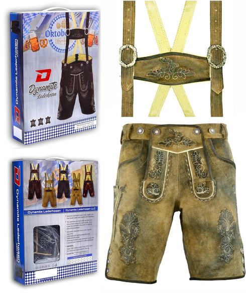 German Bavarian Lederhosen Trachten Brown Wax Antique Leather Men Shorts