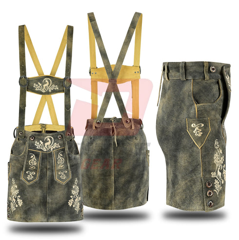 German Bavarian Traditional Lederhosen Hand Crafted Women Green Fade Antique Skirt