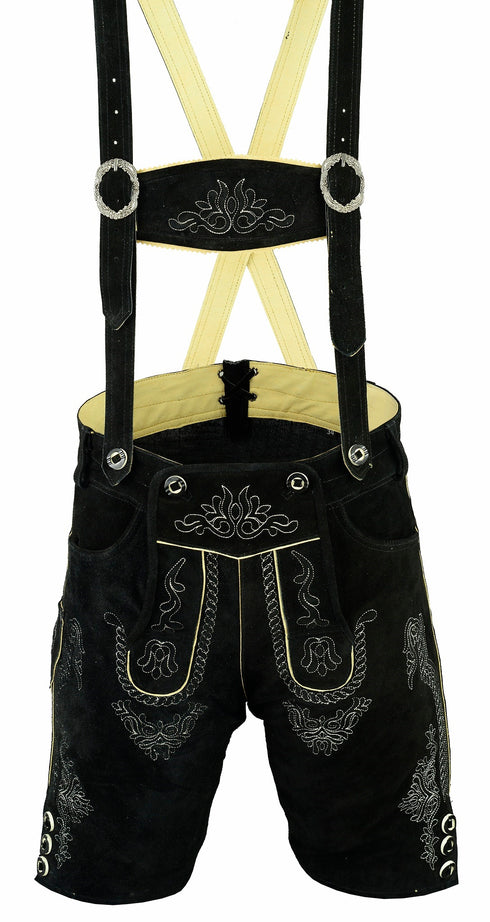 German Bavarian Lederhosen Trachten Black Leather Men Shorts