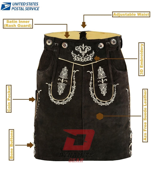 German Lederhosen Bavarian Women Real Leather Dark Brown Skirt