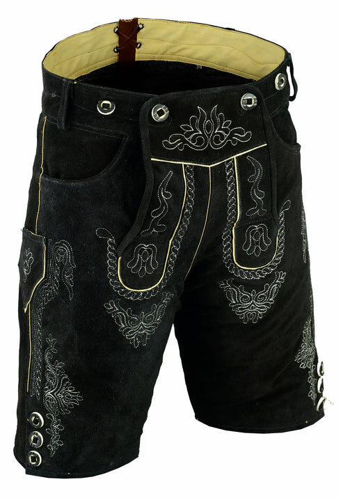 German Bavarian Lederhosen Trachten Black Leather Men Shorts