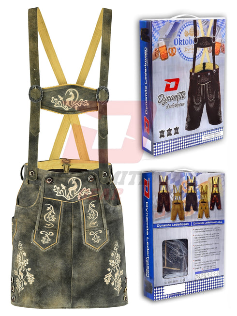 German Bavarian Traditional Lederhosen Hand Crafted Women Green Fade Antique Skirt