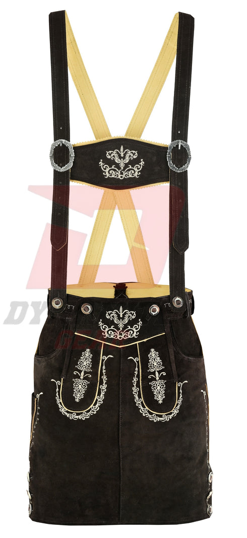 German Lederhosen Bavarian Women Real Leather Dark Brown Skirt