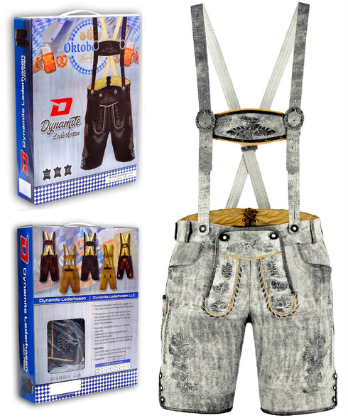German Bavarian Lederhosen Trachten Leather Men Shorts White Fade Antique